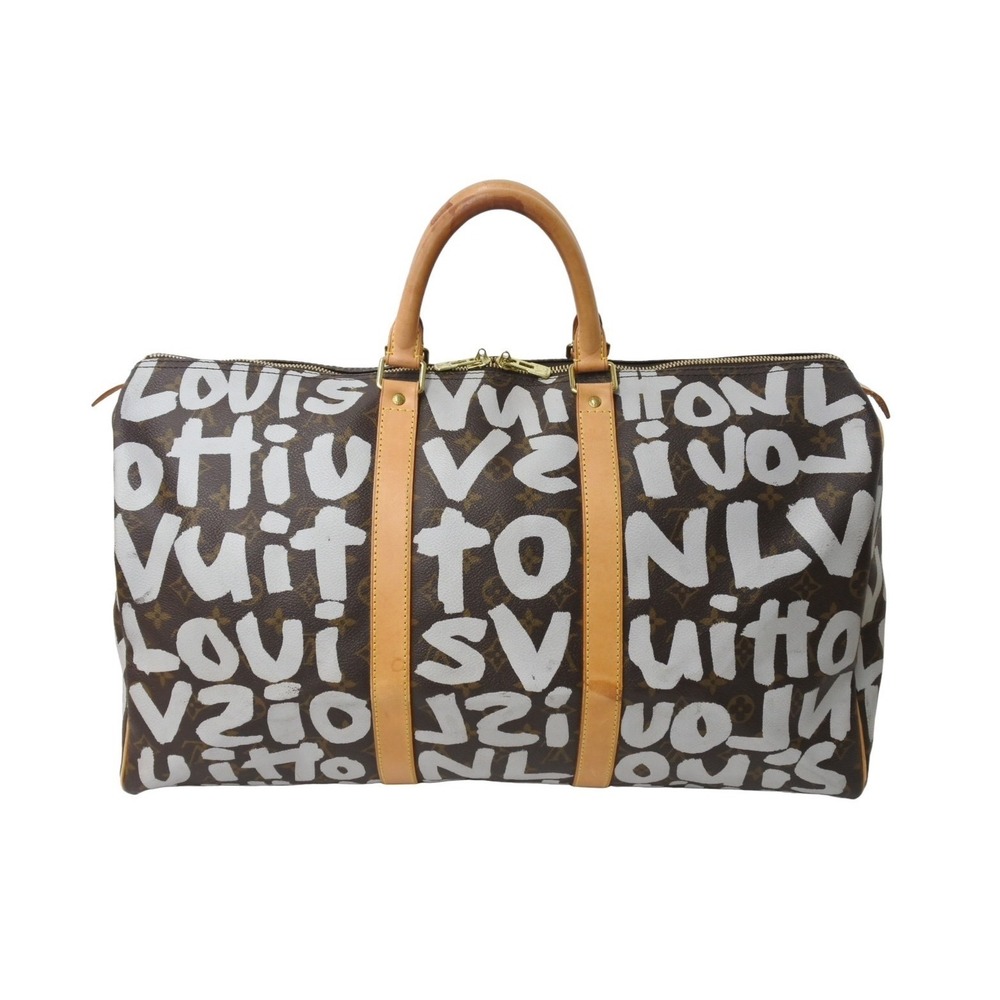 LOUIS VUITTON Monogram Graffiti Keepall Boston Bag Brown White